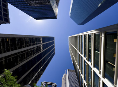 looking up at buildings